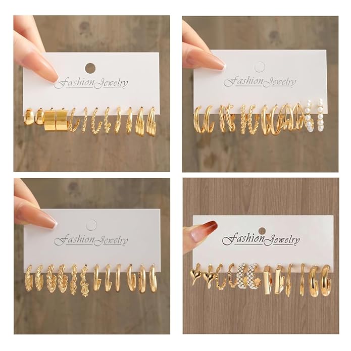 Shining Diva Fashion 24 pairs Combo Celebrity Inspired Trendy Latest Stylish Gold Plated Geometric Twist Pearl Hoop Dangle Earrings for Women and Girls - Image 4