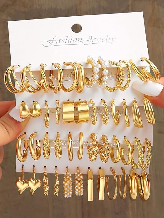 Shining Diva Fashion 24 pairs Combo Celebrity Inspired Trendy Latest Stylish Gold Plated Geometric Twist Pearl Hoop Dangle Earrings for Women and Girls - Image 3
