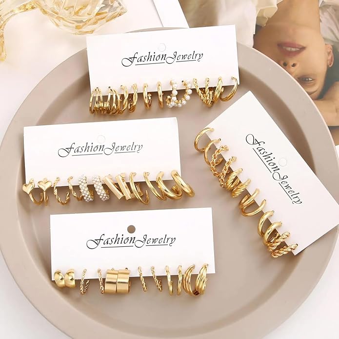 Shining Diva Fashion 24 pairs Combo Celebrity Inspired Trendy Latest Stylish Gold Plated Geometric Twist Pearl Hoop Dangle Earrings for Women and Girls - Image 5