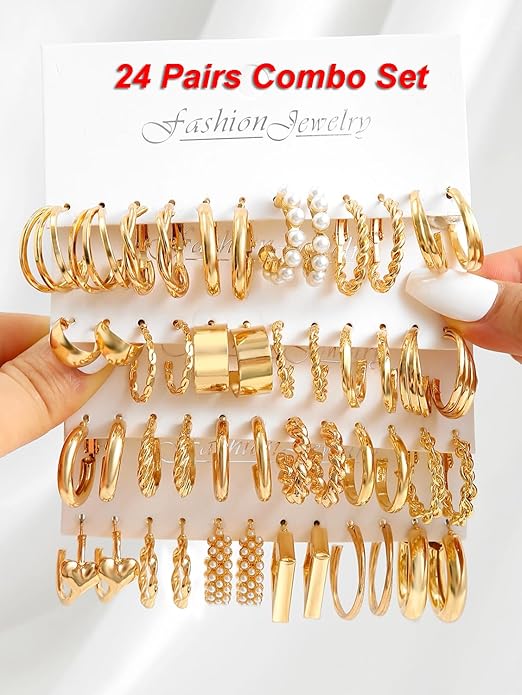 Shining Diva Fashion 24 pairs Combo Celebrity Inspired Trendy Latest Stylish Gold Plated Geometric Twist Pearl Hoop Dangle Earrings for Women and Girls - Image 2