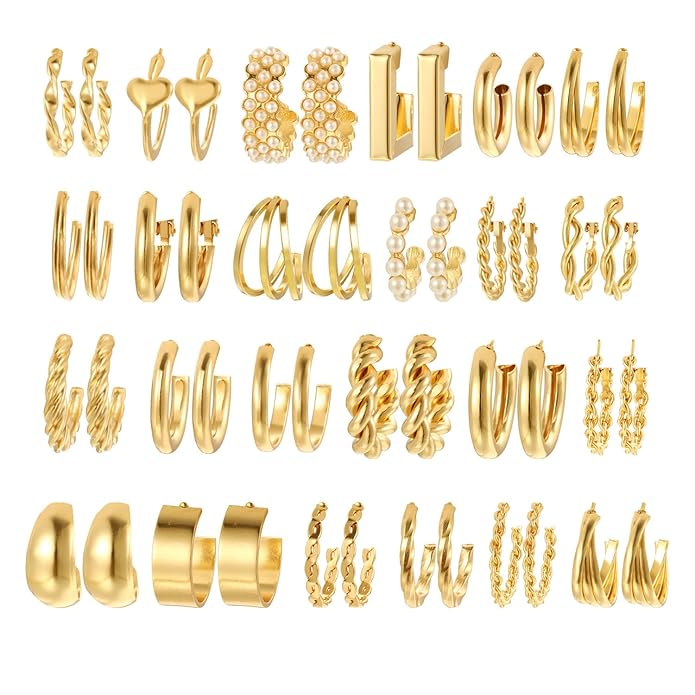 Shining Diva Fashion 24 pairs Combo Celebrity Inspired Trendy Latest Stylish Gold Plated Geometric Twist Pearl Hoop Dangle Earrings for Women and Girls