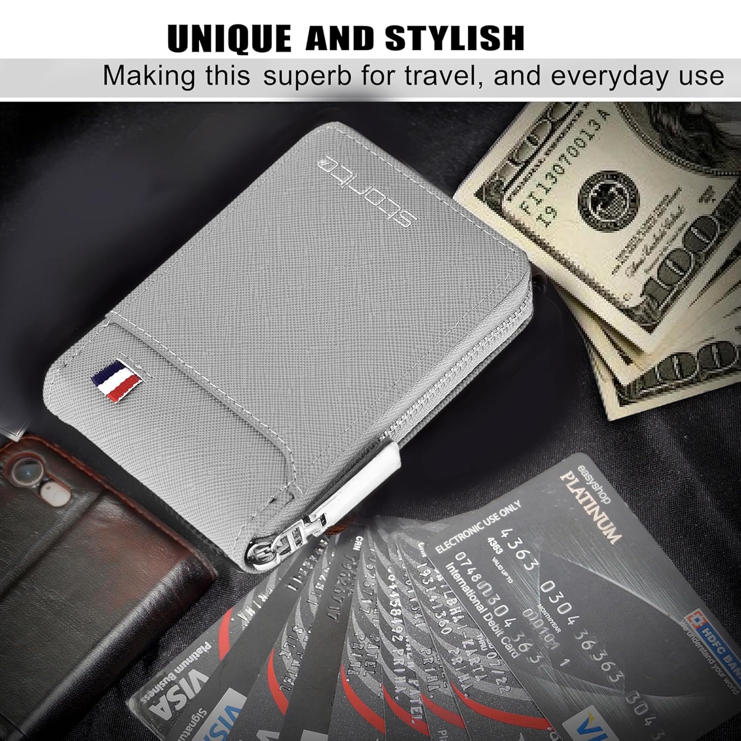 Storite PU Leather 9 Slot Vertical Credit Debit Card Holder Money Wallet Zipper Coin Purse for Men Women (Grey - 11.5 x 2 x 8 Cm) - Image 7