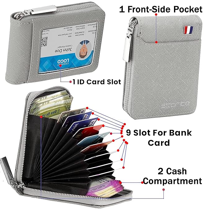 Storite PU Leather 9 Slot Vertical Credit Debit Card Holder Money Wallet Zipper Coin Purse for Men Women (Grey - 11.5 x 2 x 8 Cm) - Image 3