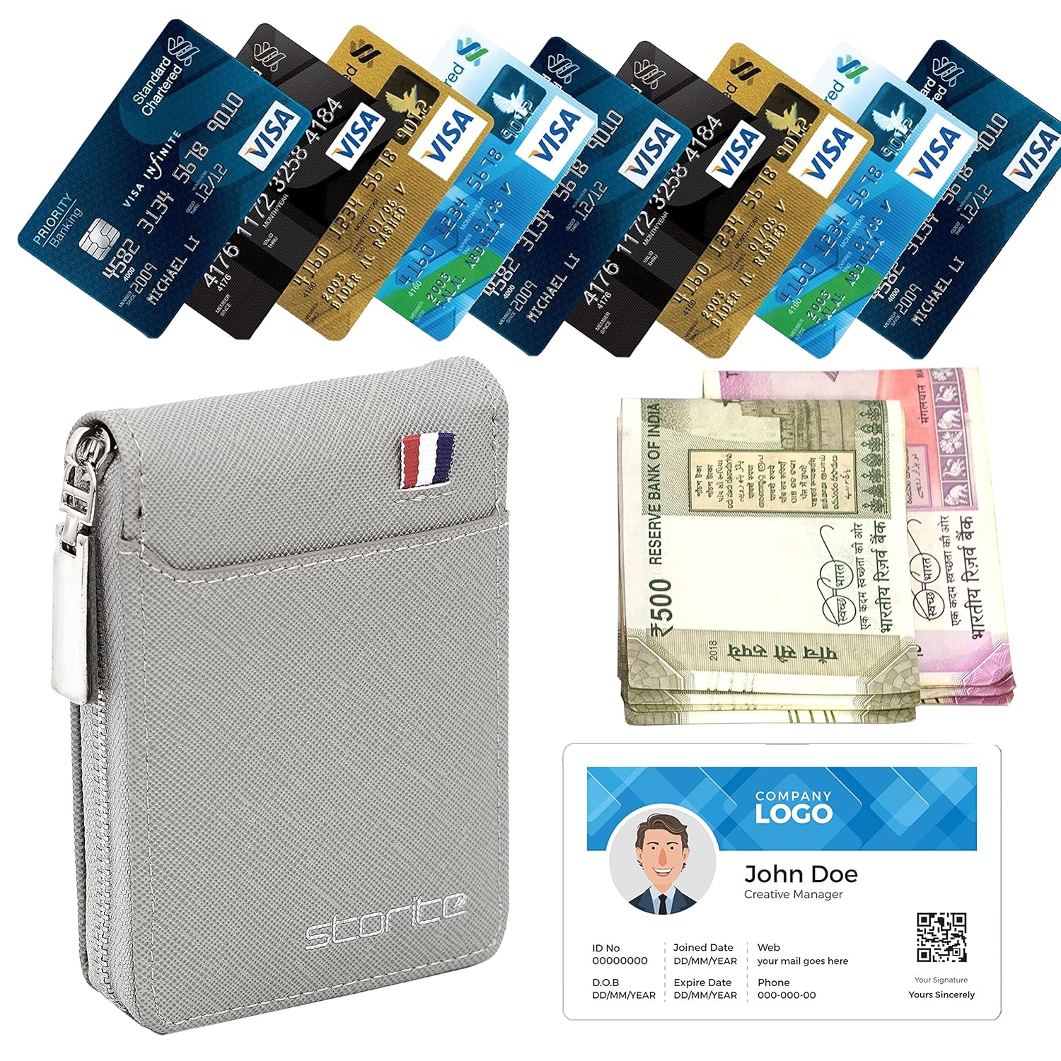 Storite PU Leather 9 Slot Vertical Credit Debit Card Holder Money Wallet Zipper Coin Purse for Men Women (Grey - 11.5 x 2 x 8 Cm) - Image 8